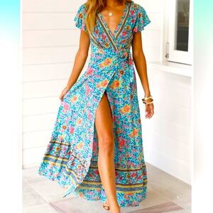 Boho, Floral Print, Summer, Spring Green, Blue, yellow Rockabilly, Cowgirl Dress